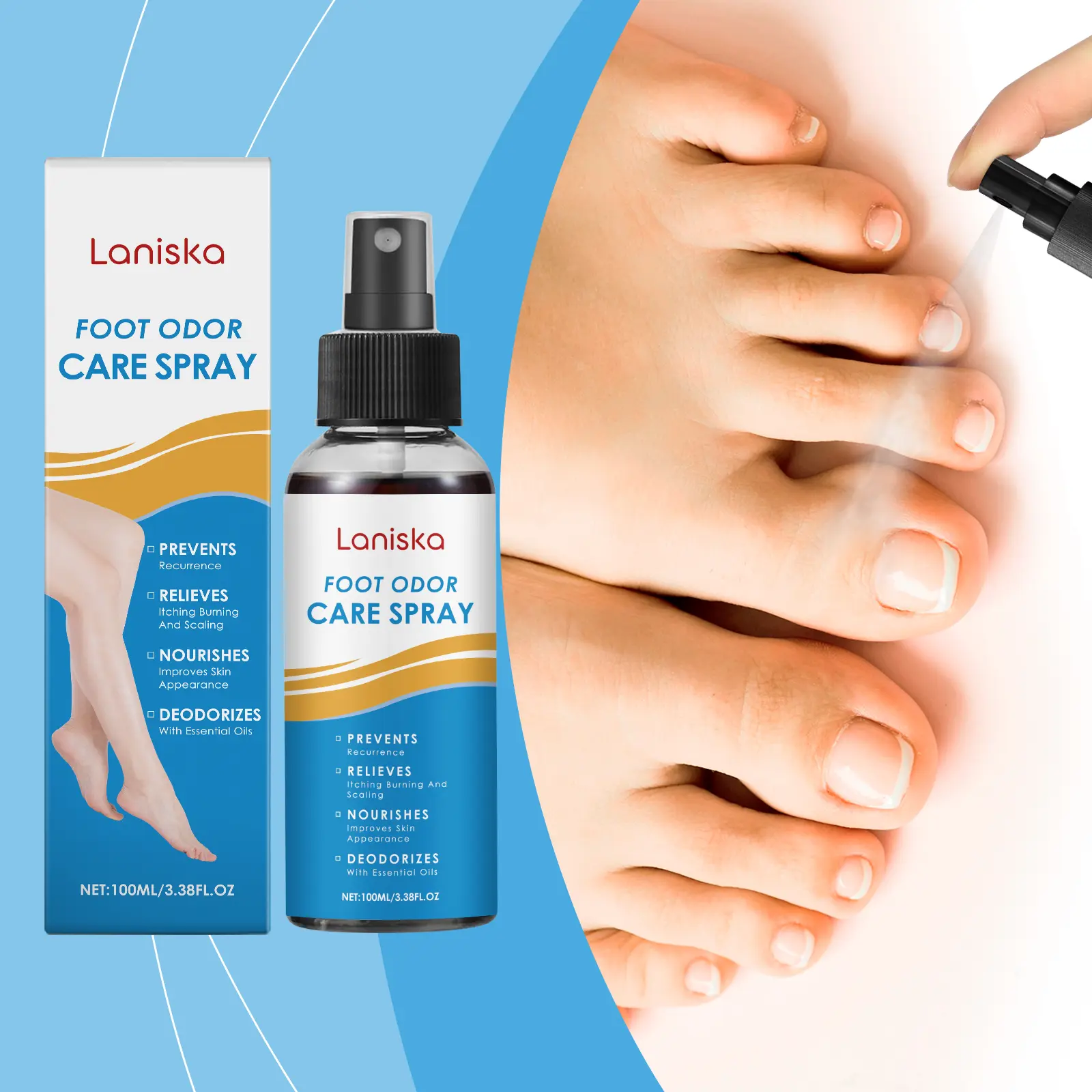 Laniska Foot Spray Review: Does the Mugwort & Mint Really Work? 2 Close-up of Laniska Foot Spray being sprayed on feet