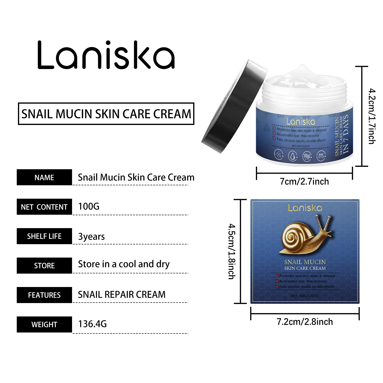 Laniska Snail Skin Care Cream - Nourishing Moisturizer for Facial Skin Elasticity 1 laniska snail cream LA A05 0005 01 1194